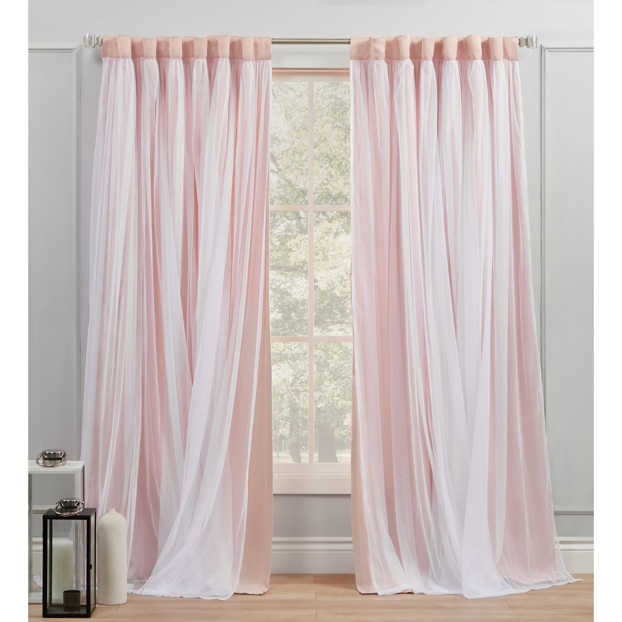 Exclusive Home Catarina Layered Solid Room Darkening Blackout and Sheer Hidden Tab/Rod Pocket Top Curtain Panel Pair, 52"x84", Rose Blush, Set of 2