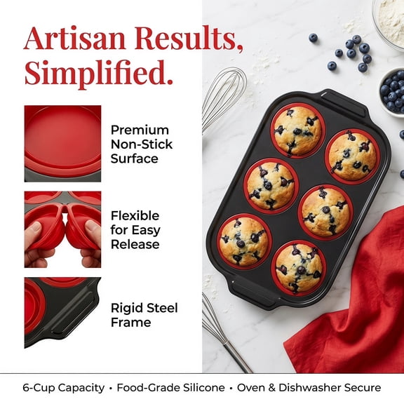 DEEPCRAFF Red Silicone Muffin Pan 6 Cup Non Stick Reusable Baking Mold for Kitchen Use