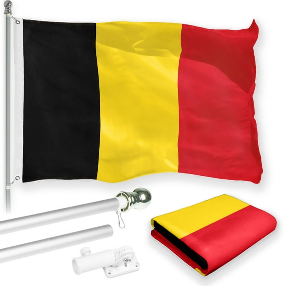 G128 Combo Pack: 6 Feet Tangle Free Spinning Flagpole (Silver) Belgium Belgian Flag 3x5 ft Printed 150D Brass Grommets (Flag Included) Aluminum Flag Pole