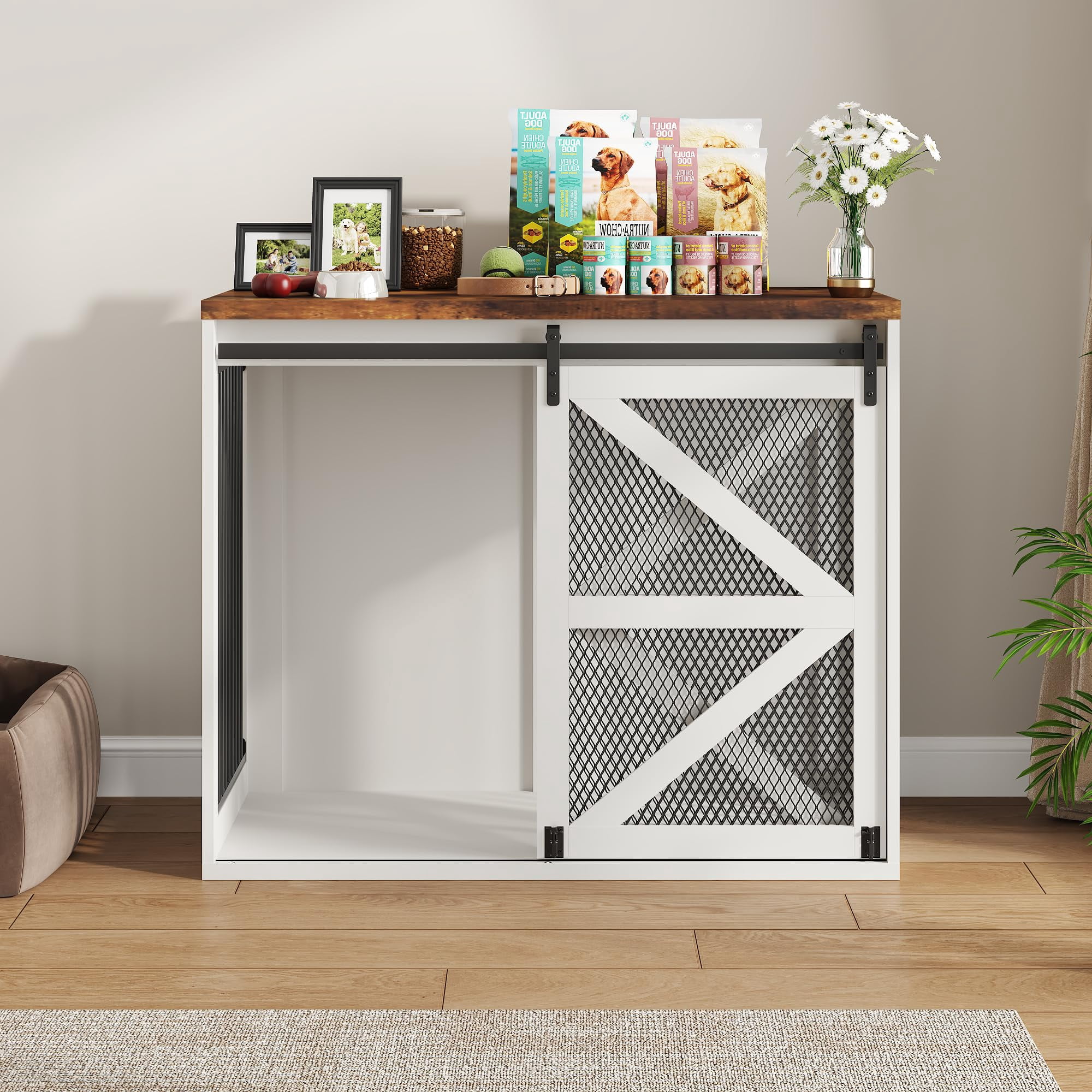 Blotout 43.3" Farmhouse Dog Crate Furniture, Wooden Dog Crate Furniture with Sliding Metal Mesh Barn Door, Solid Metal Tube & 2 Lockable Doors, XL Rustic Brown