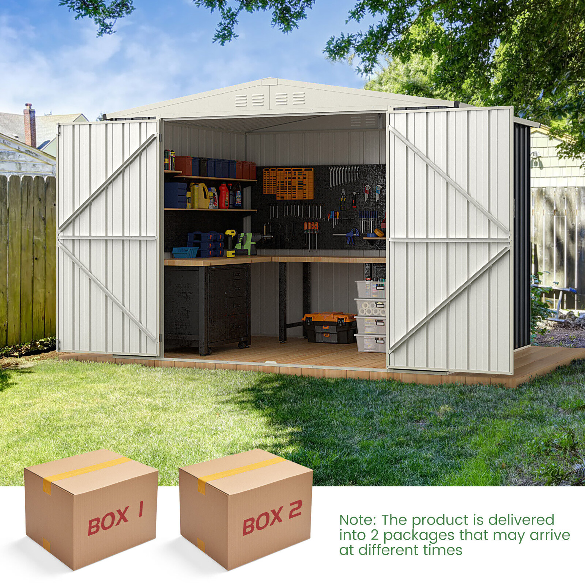 Gymax 8 x 6.3 FT Metal Outdoor Storage Shed w/ Lockable Door Pitched Tool Shed Roof