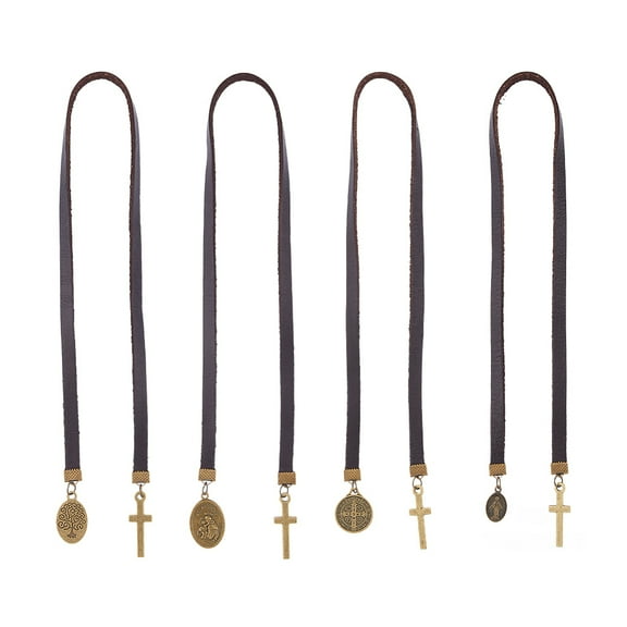 1set 4pcs Genuine Leather Bookmark 18.11 inch Antique Brown Bible Leather Book Mark Tree of Life Cross Vintage Metal Charm Bookmark for Women Men Book Lovers 1set