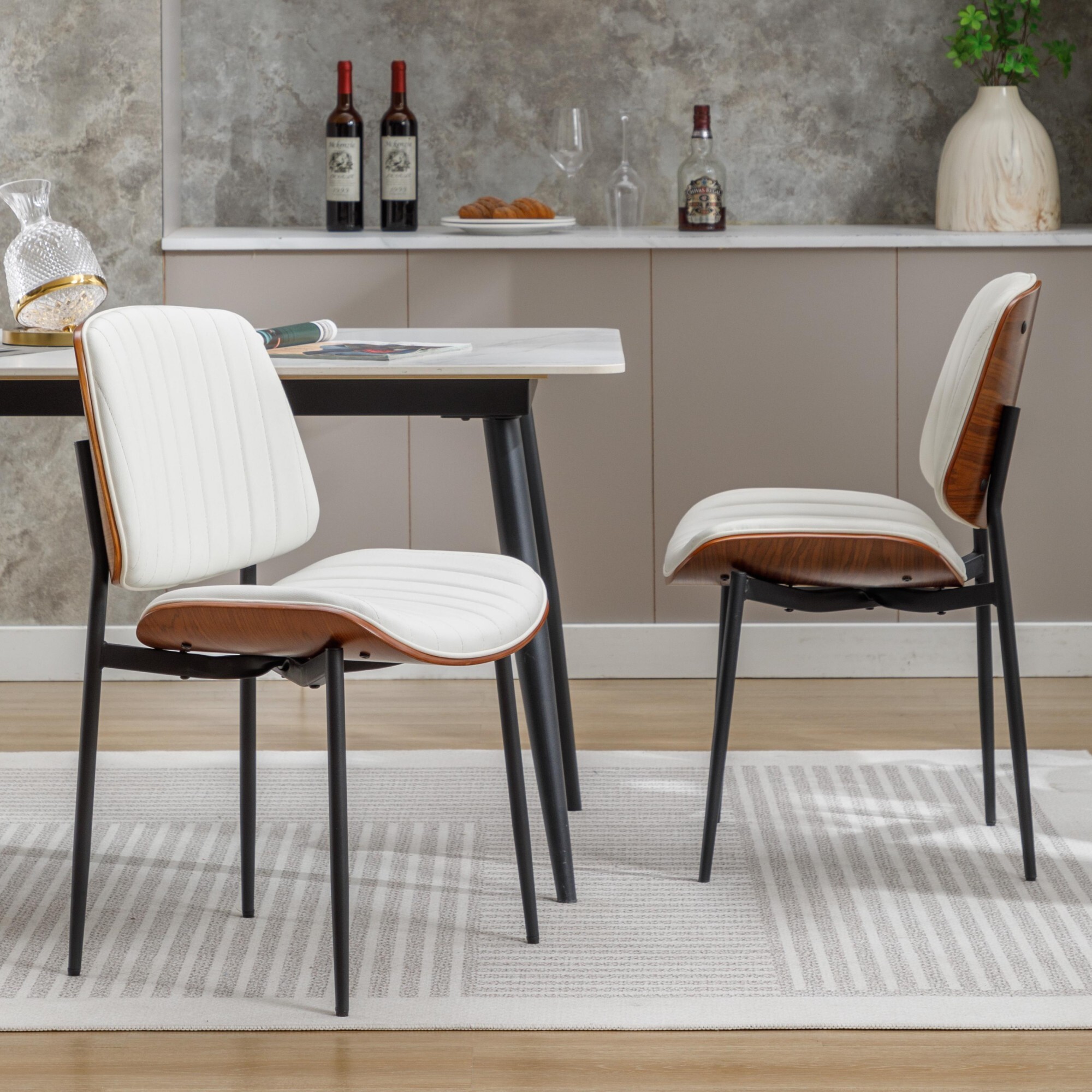 AENKYO Modern Dining Chairs Set of 2, Faux Leather Upholstered Side Chairs for Kitchen & Dining Room, White