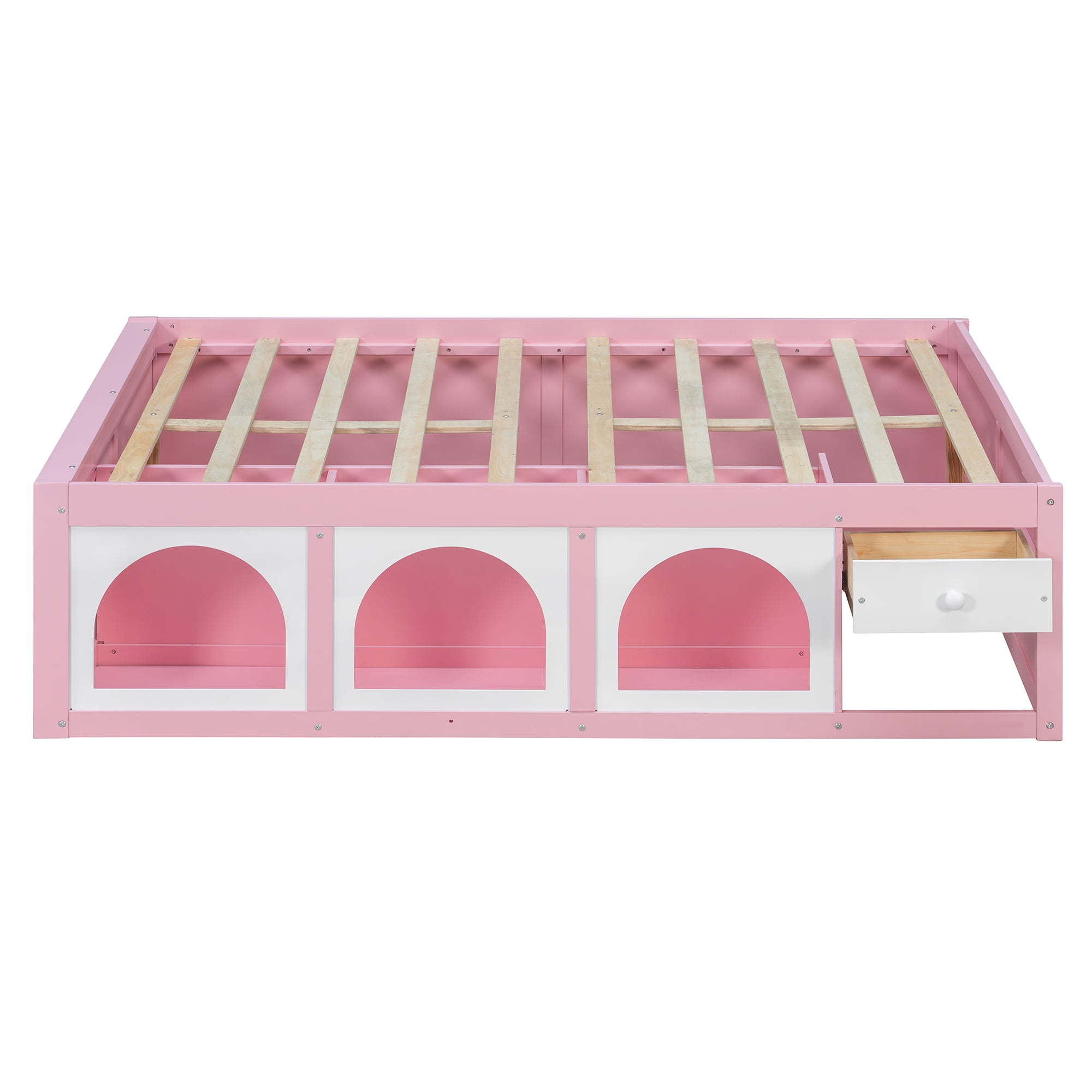 Mintazer Full Platform Bed with Bookshelf and 3 Open Cubbies & Drawer, Wooden Bed Frame with LED Light for Kids Bedroom, Pink & White