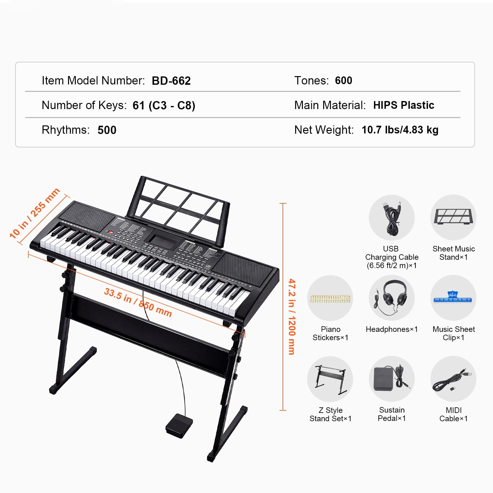 KFFKFF 61-Key Digital Keyboard Piano with Lighted Keys, Portable Electric Piano Featuring Adjustable Stand, 600 Tones, 500 Rhythms, Built-In Speakers, Sustain Pedal, Headphones