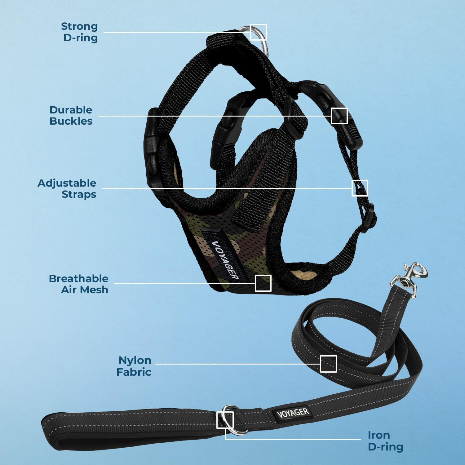 Voyager Step-In Lock Dog Harness & Reflective Leash Set w/ Neoprene Handle 6ft - For Small to Large Breed Dogs/ Cats, Cute & Heavy-Duty for Walking, Running & Training - Army Black Trim, S