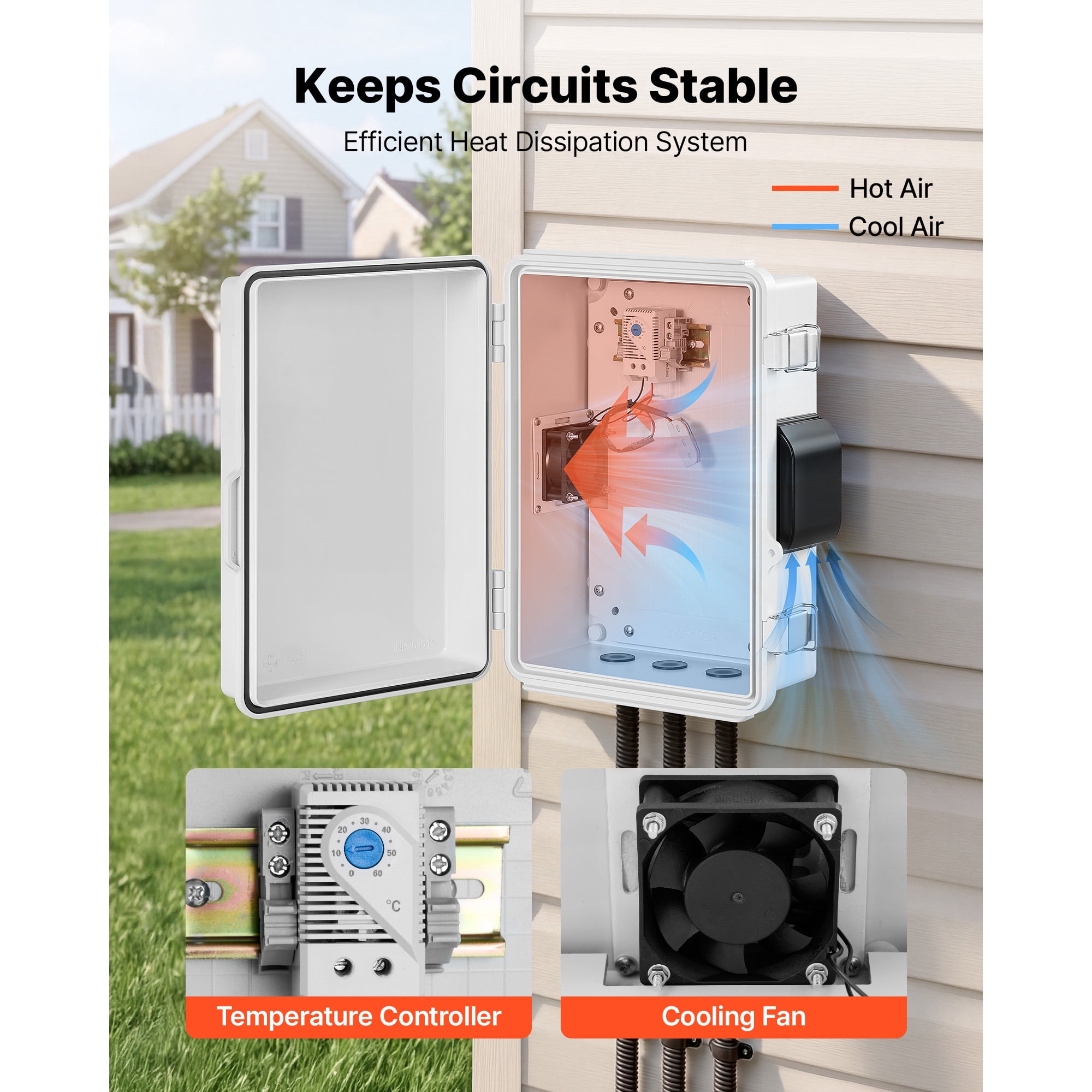 KFFKFF Outdoor Electrical Enclosure, ABS Material, Weatherproof Junction Box with Built-in Thermostat and Fan, Mounting Plate, Cable Seals, Ventilated Design, 14.2 x 10.8 x 5.9 in, IP65 Rated