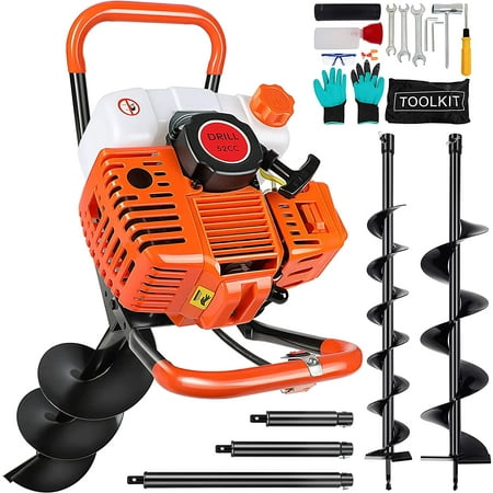 52cc 2 Stroke Auger Post Hole Digger with 4" 6" 8" Drill Bits and 3 Extension Bars 8" 12" 20", 2.4hp 1.5KW Gas Powered Earth Auger