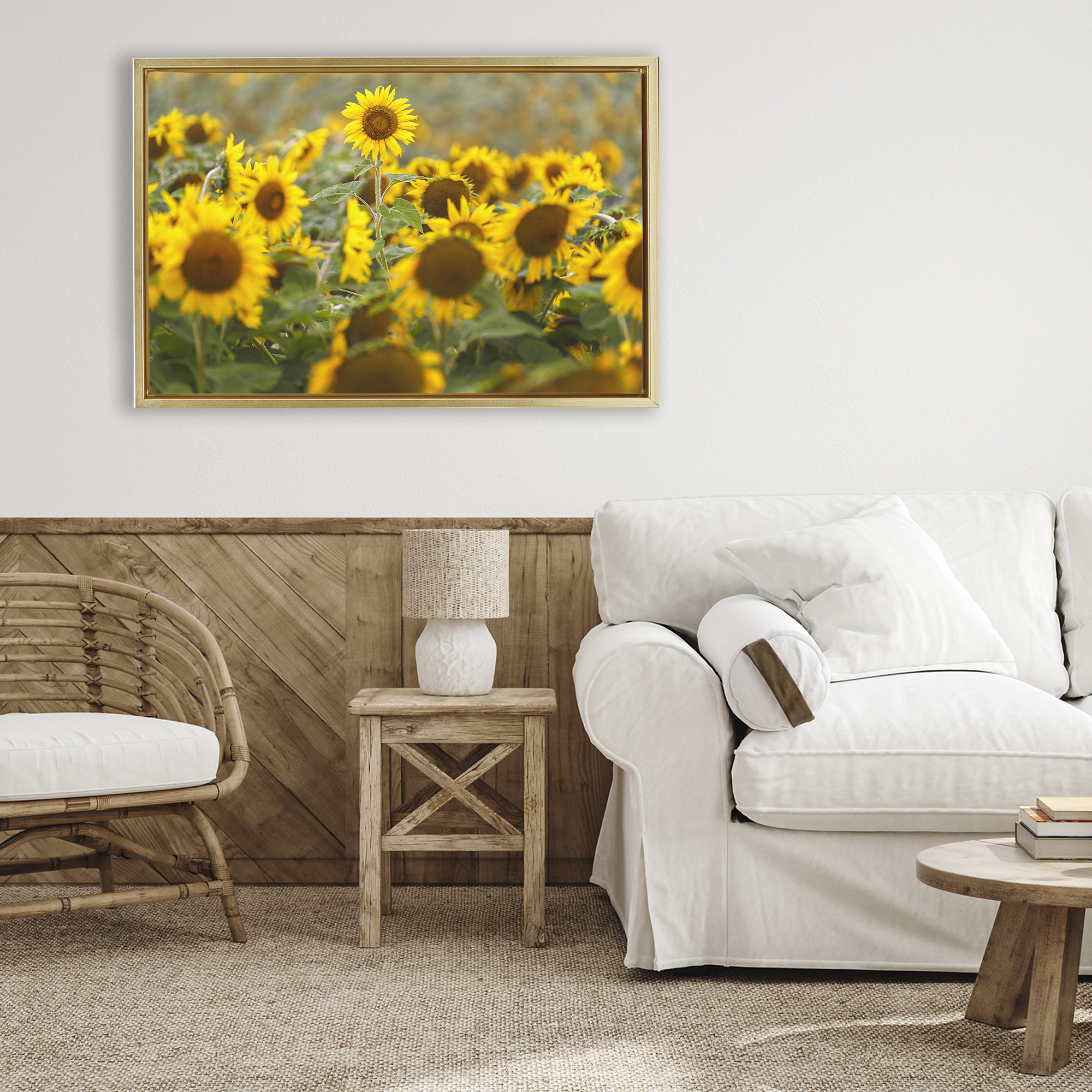 Central Sunflower in Meadow Gold Framed Floater Canvas Wall Art, design by Andy Crawford