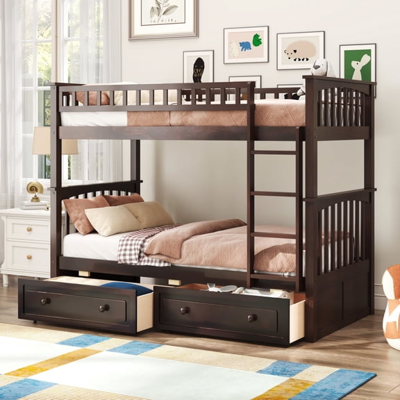 Harper & Bright Designs Twin over Twin Wood Bunk Bed with Drawers, Convertible Bunk Bed with Two Storage Drawers, Solid Wood Detachable Bunk Bed Frame, Espresso