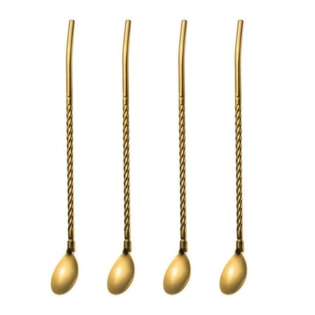 ELAYARD 4Pcs Golden Reusable Spoon Straw Stainless Steel Ice Cream Eating Adults Bar
