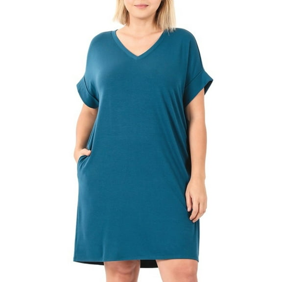 Plus Rolled Short Sleeve V-Neck Teal Dress