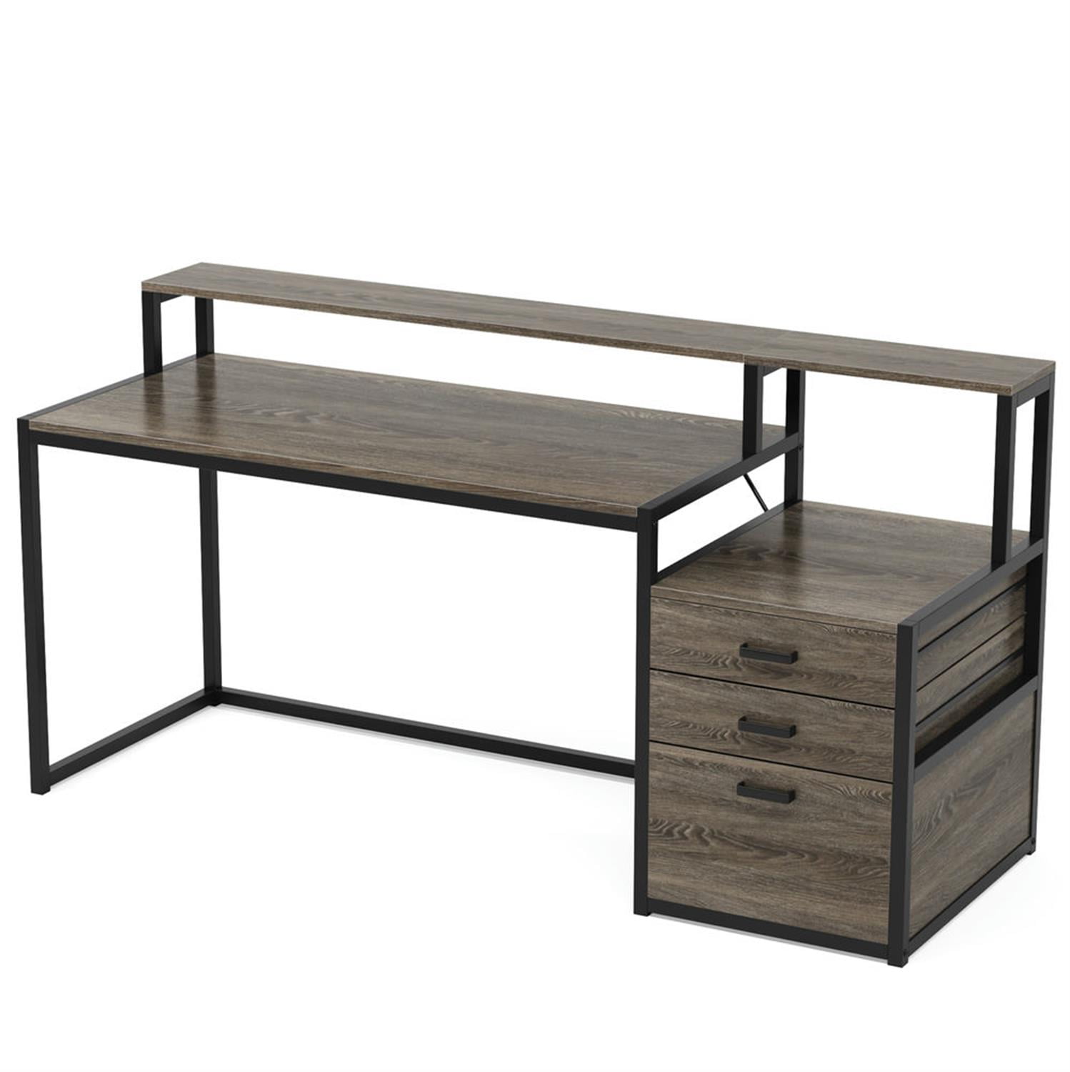 Demi Bonn Modern L Shaped Gaming Desk, 63" Ergonomic Office Corner Executive Desk with Drawers and Monitor Stand for Home Office, Gray