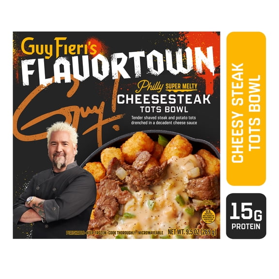 Guy Fieri's Flavortown Philly Super Melty Cheesesteak Tots Bowl with Shaved Steak and Cheese Sauce, 9.5 oz (Frozen)