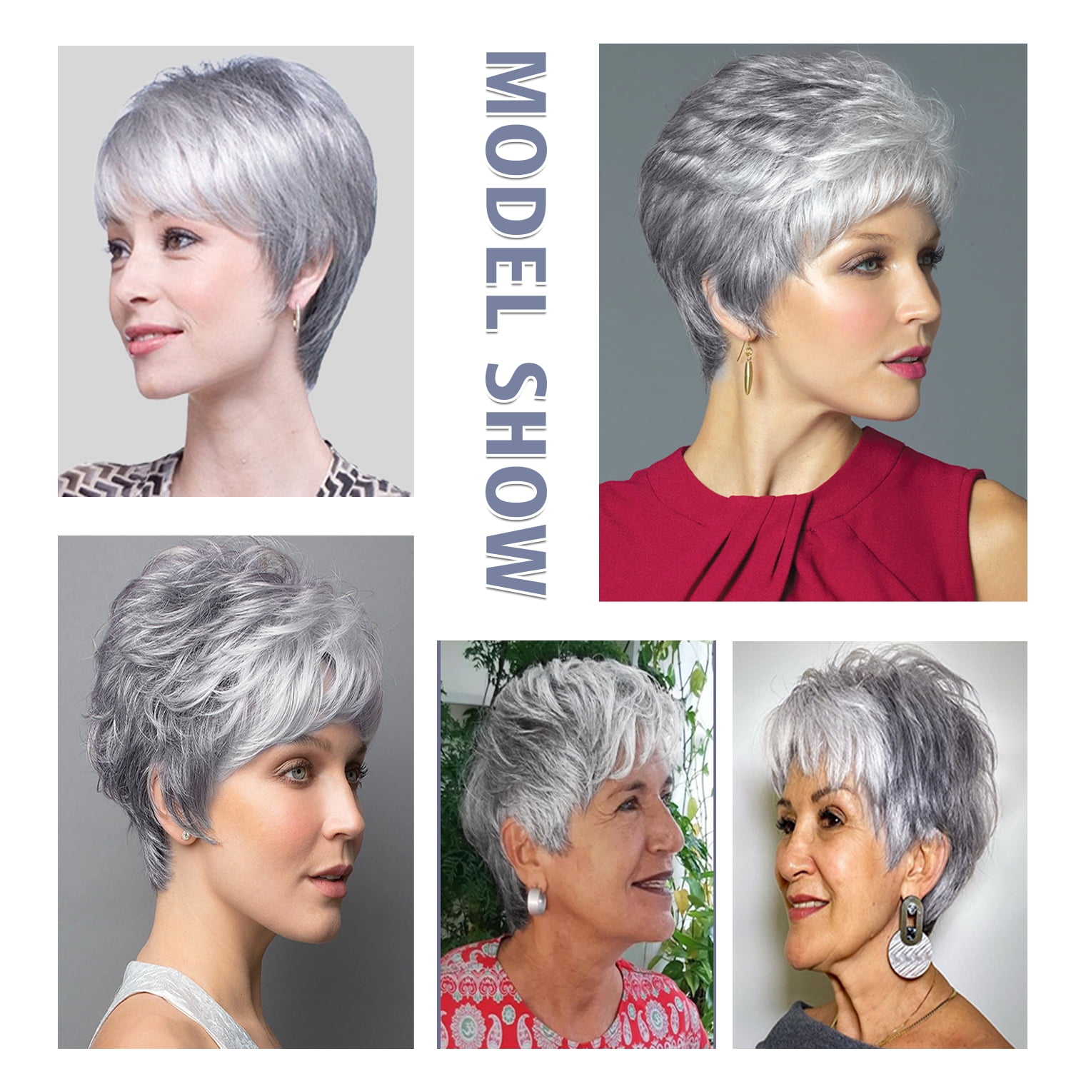 Perruque Courte Synthétique Grise Mathilde 51 - Bonnet Large, Boucles, Raie Libre, Neuf Avec étiquettes