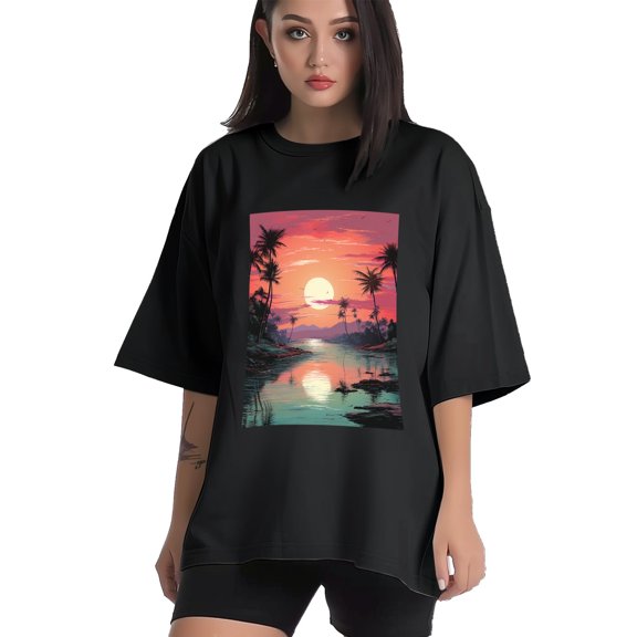 Plus Size Shirt for Women Black Tops for Women Short Sleeves Shirt for Women Vintage Landscape T Shirt Crewneck Shirt for Women XS