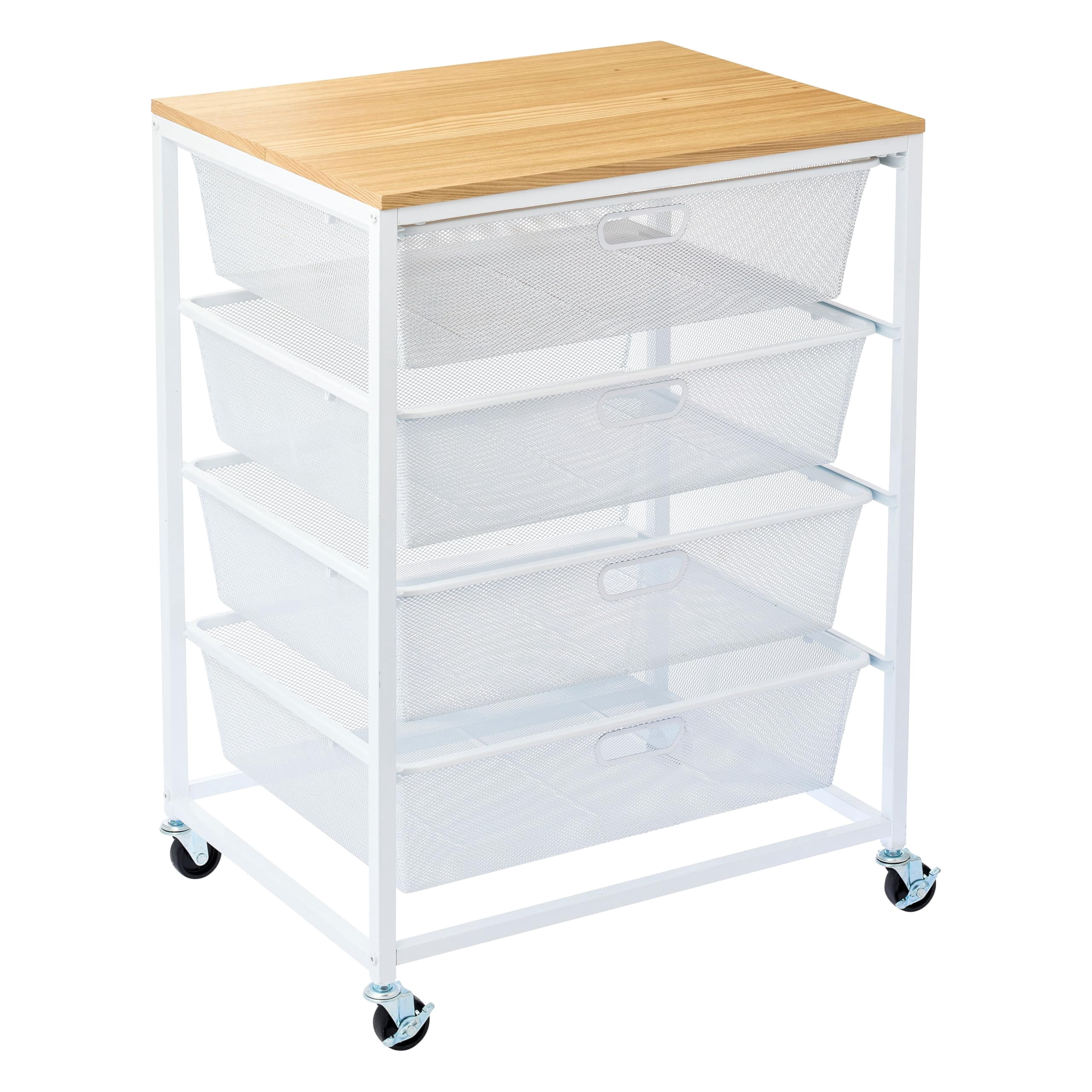 Metro White 4 Drawer Rolling Cart by Simply Tidy - Mobile Storage Organizer with Mesh Drawers & Woodgrain Top - Large Workspace for Craft - Office & Home Organization - 1 Pack