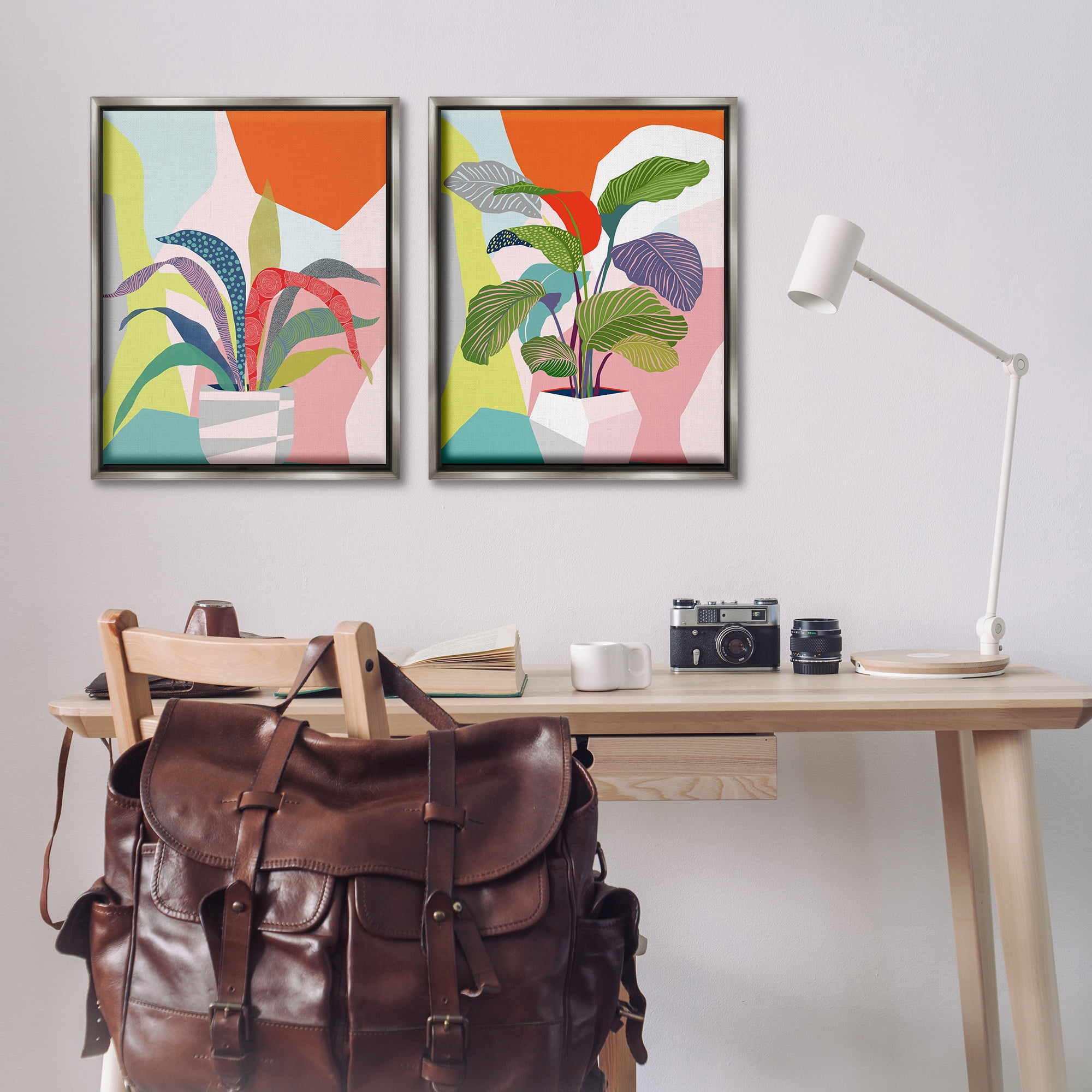 Stupell Industries Lively Patterned Plant Leaves Floral & Botanical Painting Gray Floater Framed Canvas Art Print Wall Art, 31 x 25, Set of 2