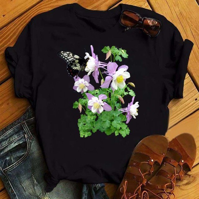 T-shirt Femme Imprimé Mode Fleur Papillon Manches Courtes Décontracté Haut Graphique