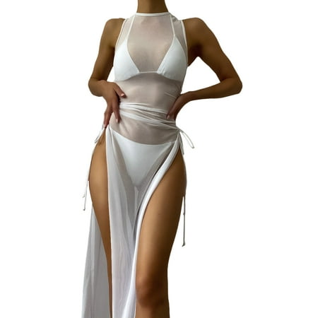 vbnergoie Women Bikini Draped Front Drawstring Knot Mesh Cover Up Without Lingerie Hight Split Fork Dress Beach Wrap Bikini Shiny Wraps Cover Ups For Skirt Cover Ups for Swimwear Women Swi