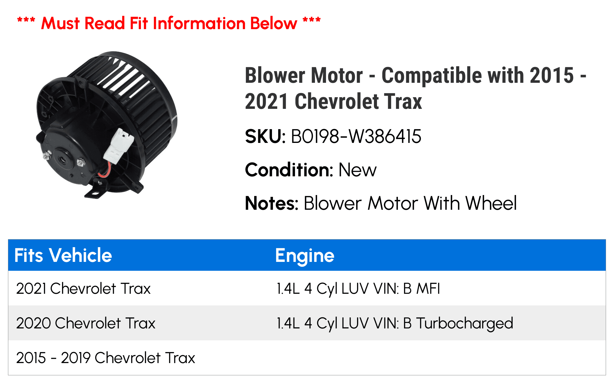 Blower Motor - Compatible with 2015 - 2021 Chevy Trax 2016 2017 2018 2019 2020