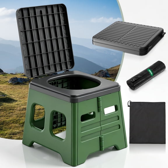 BNISE Portable Camping Toilet with Lid, 330Lbs Folding Toilet with Garbage Bag & Storage Bag, Outdoor Adults Travel Potty for for Camping, RV, Beach, Hiking & Emergency Use