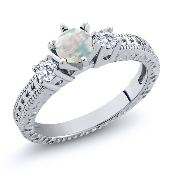 Gem Stone King 0.70 Ct Round Cabochon White Simulated Opal E-F Lab Grown Diamond 925 Sterling Silver Ring (Size 7)
