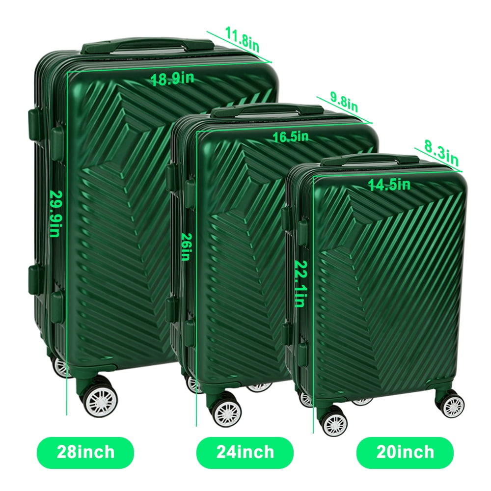 Luggage 3-Pieces Set ABS Durable Suitcase With Spinner Wheels Green 20"24"28"