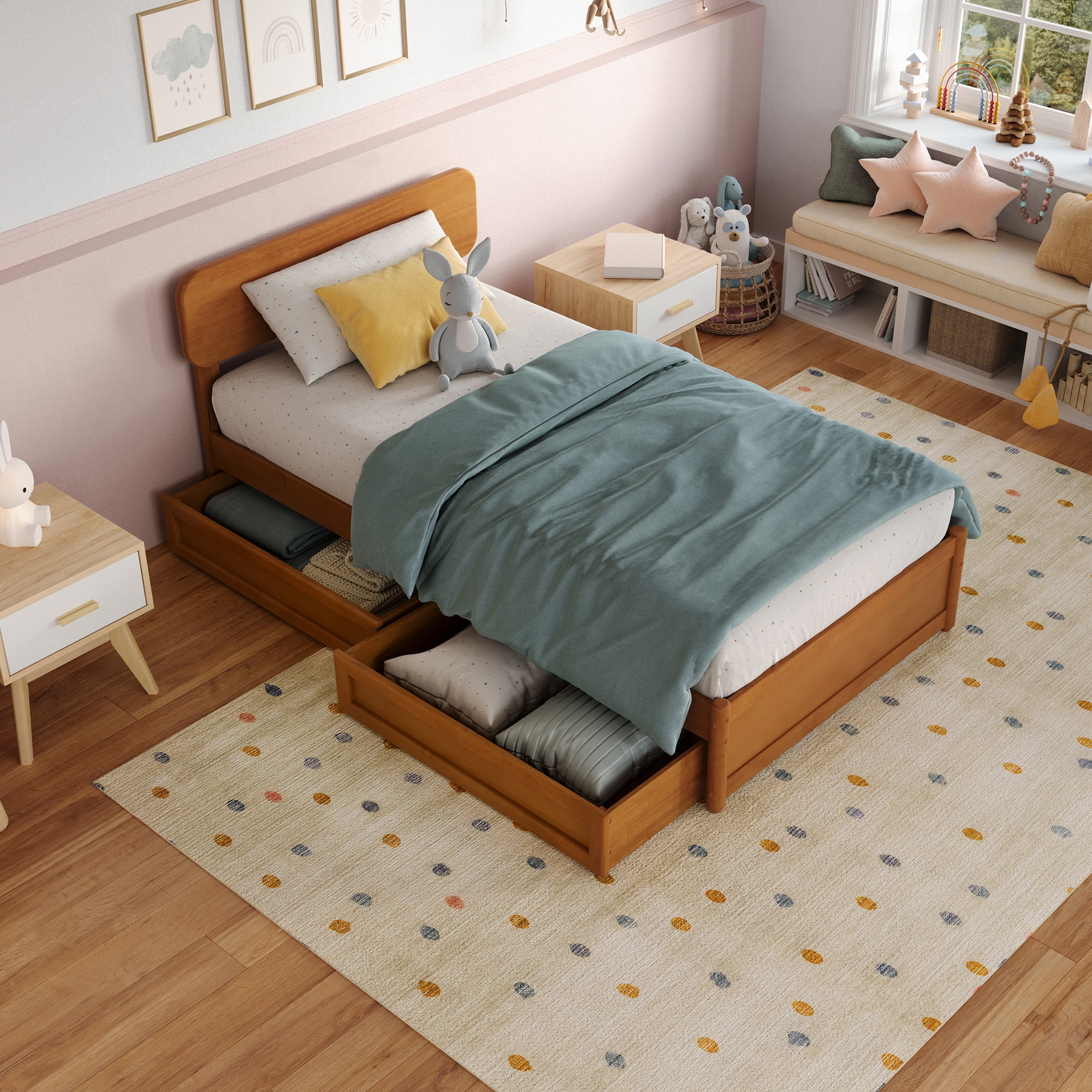 AFI Capri Twin Wood Platform Bed with Panel Footboard and Storage Drawers, Light Toffee