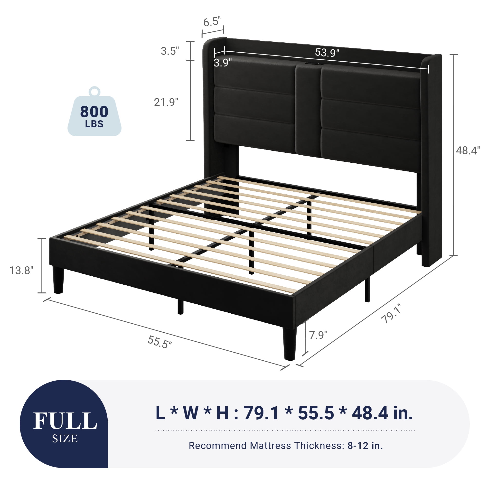 Allewie Full Size Bed Frame with Charging Station, Upholstered Velvet Wingback Design & USB Port, No Box Spring Needed, Black