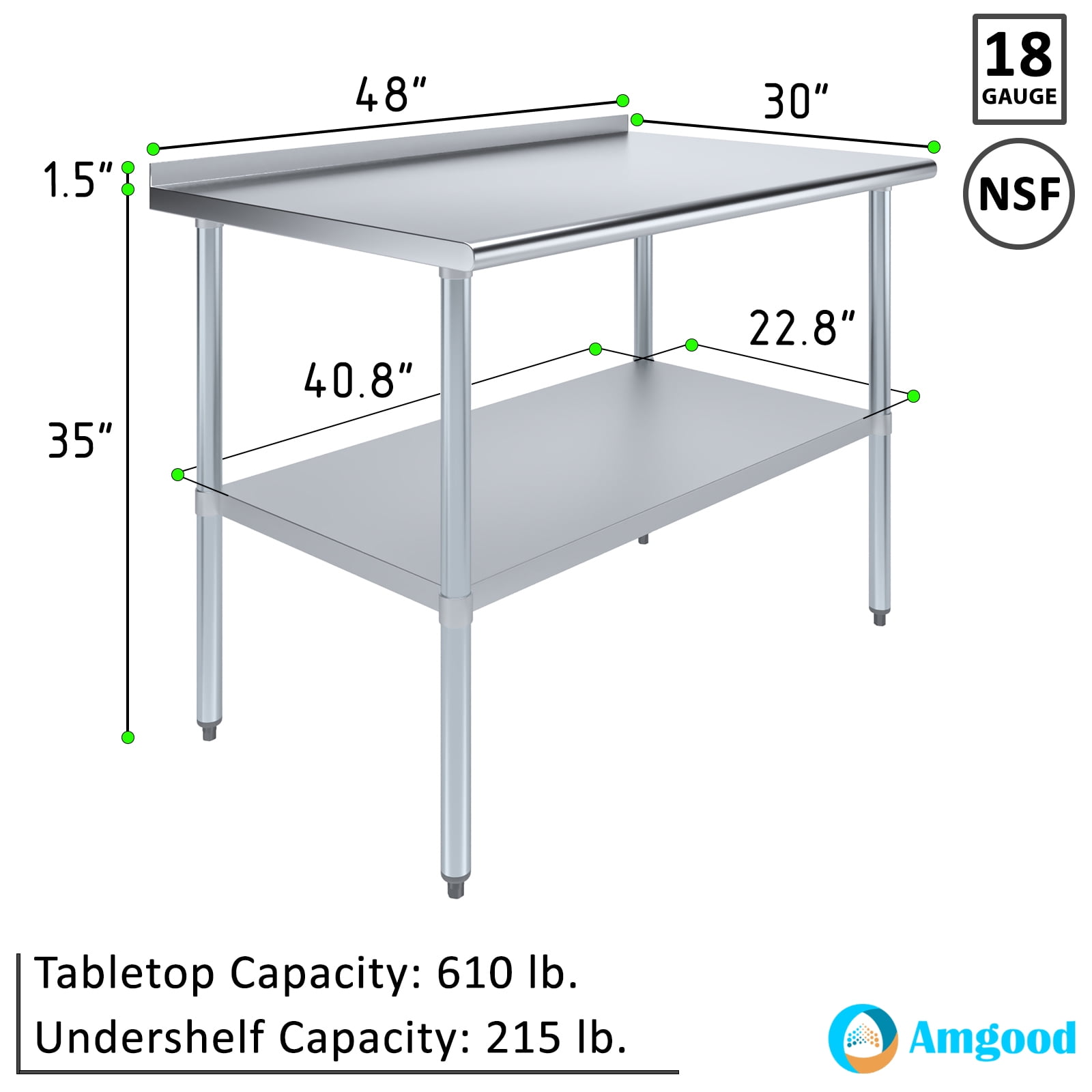 AmGood 30 in. x 48 in. Stainless Steel Work Table with 1.5 in. Backsplash | Metal Kitchen Food Prep Table