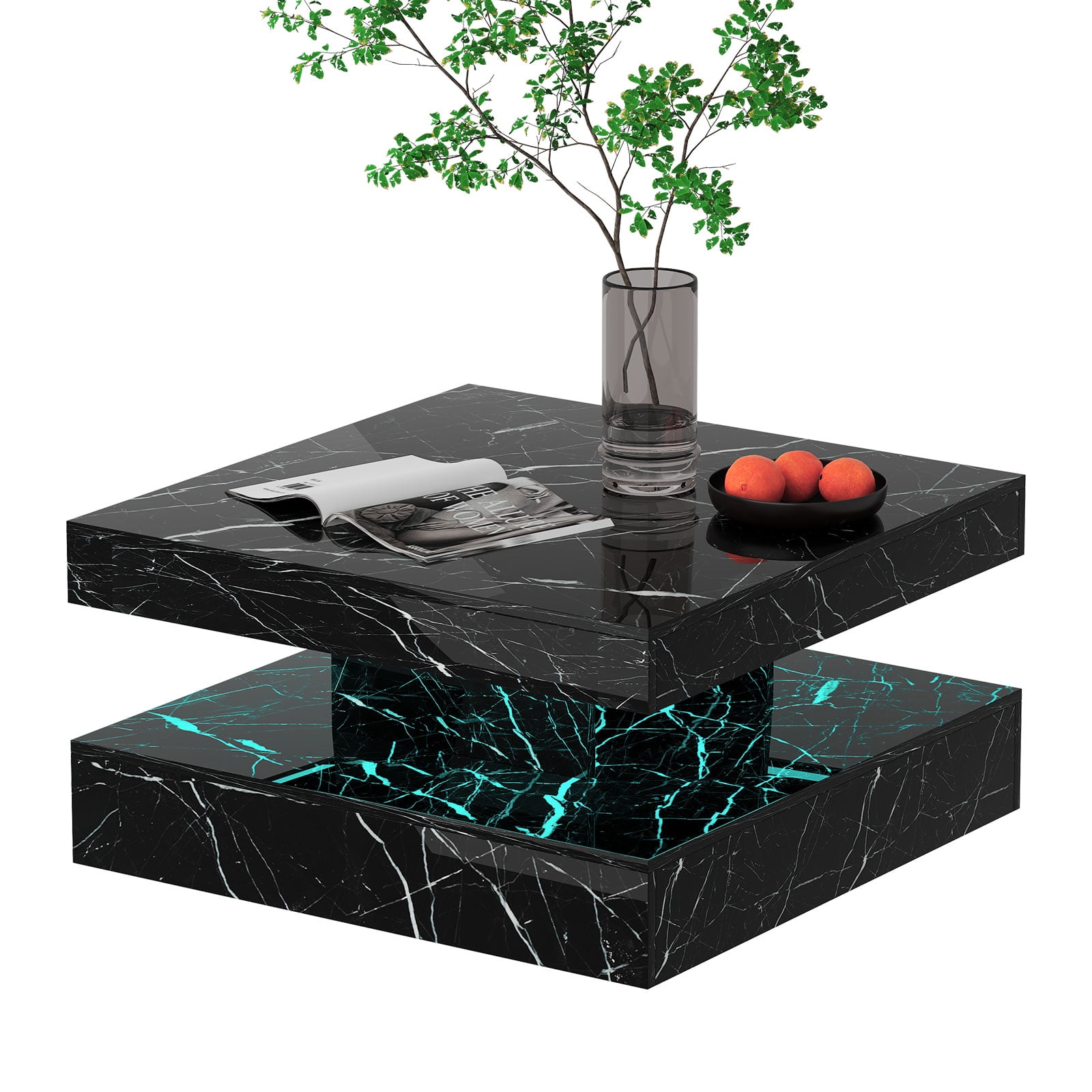 Hironpal Hironpal Modern Black Marble Square LED Coffee Table - 2-Tier Storage, 20-Color LED Light, Contemporary Glossy Cocktail Tea Table for Home Office Reception