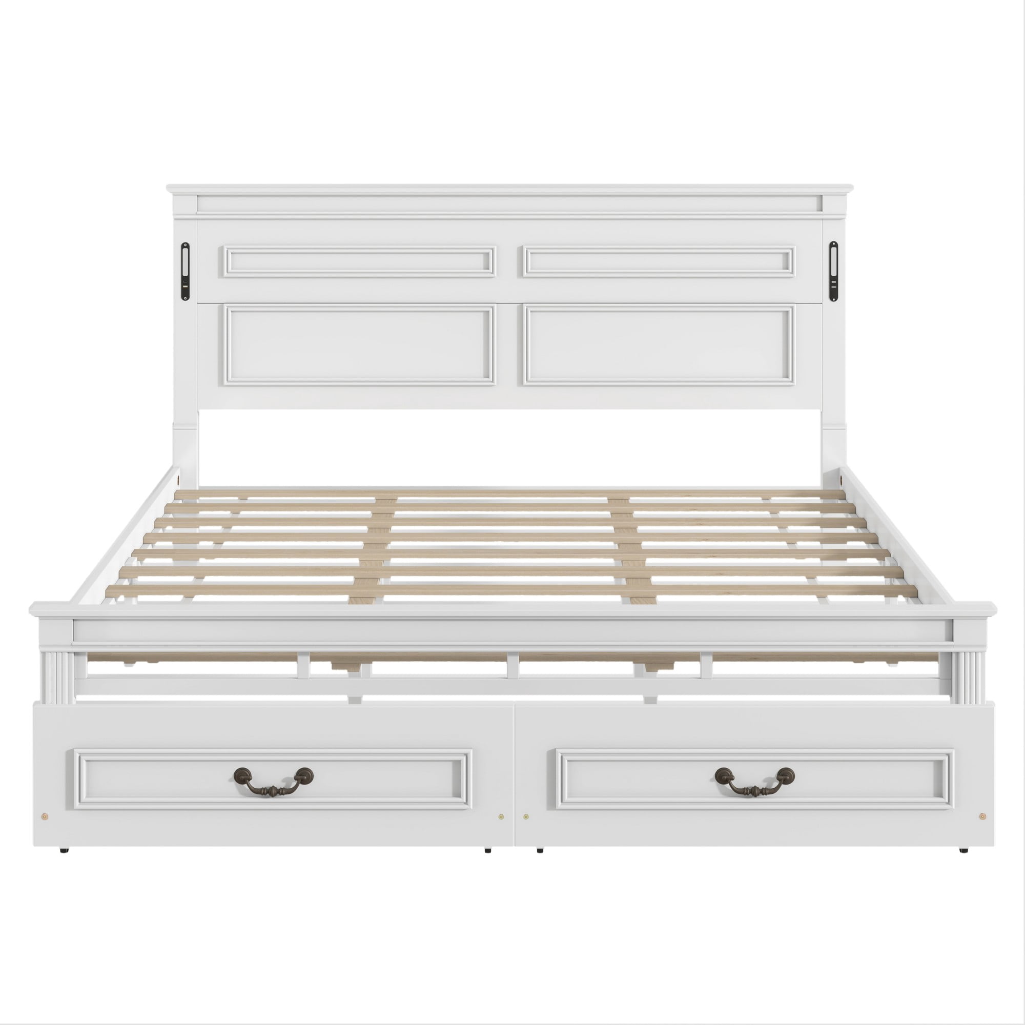 Aukfa King Size Storage Bed Frame with 46" Tall LED Headboard, USB & Type-C Charging Station, Farmhouse Solid Wood Platform Bed with Drawers, White
