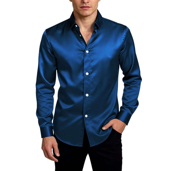 Deago Men's Silk Satin Dress Shirts Long Sleeve Luxury Shiny Button Down Shirt Formal Casual Business Prom Party Wedding Shirts (Blue, S)