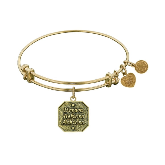 Yellow Stipple Finish Brass Dream, Believe, Achieve Angelica Bangle Bracelet, 7.25"