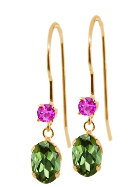 0.96 Ct Oval Green Tourmaline Pink Sapphire 14K Yellow Gold Earrings by