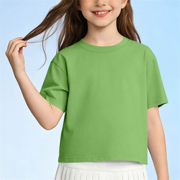 CQONEPT Girls Short Sleeve Shirts Soft Cotton Tshirts Kids Summer Fashion Plain Crewneck Tees Tops Trendy Clothes Green 11-12 Years
