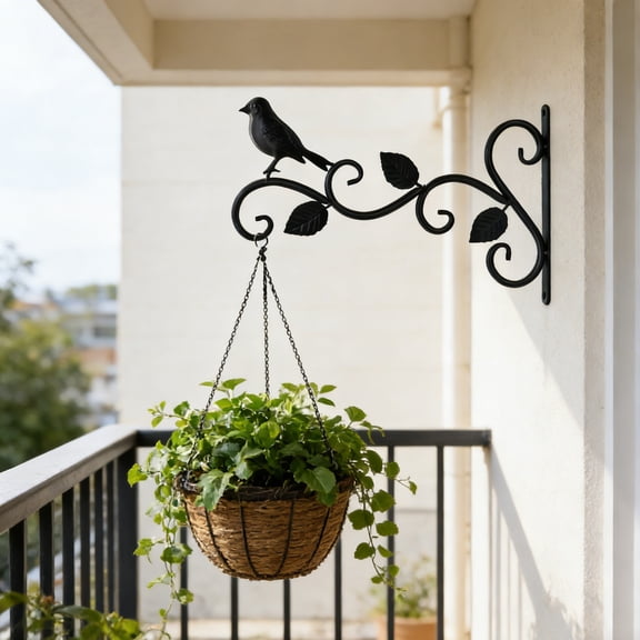 DAMAI 12 Inch Hanging Plant Brackets with Decorative Bird and Leaf, Rust Proof Metal Outdoor Fence Hangers for Bird Feeders, Planters, Wind Chimes, Lanterns, Black
