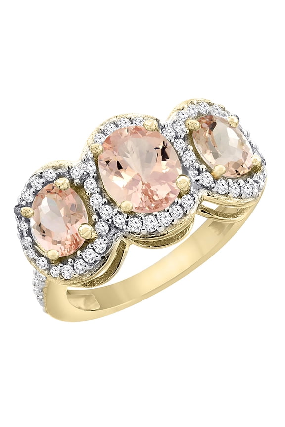 14K Yellow Gold Natural Morganite 3-Stone Ring Oval Diamond Accent, size 5