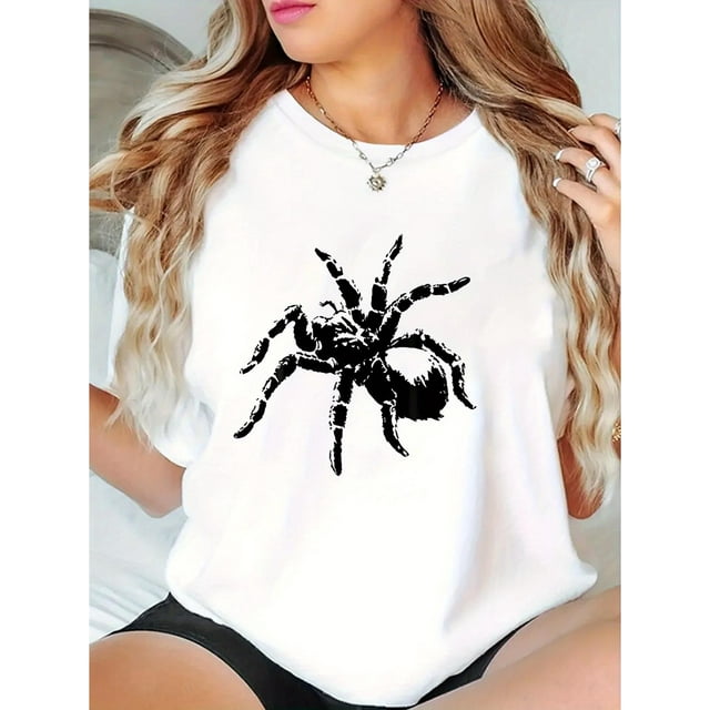 Camisetas de manga corta con estampado para niñas y niñas, de algodón, cómodas para uso diario, playera simple de veranoWomen's Fashion Geometric Spider Print T-Shirt, Casual Round Neck Short Sleeve