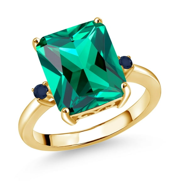 Gem Stone King 18K Yellow Gold Plated Silver 12X10MM Green Nano Emerald and 2MM Blue Sapphire 3 Stone Engagement Ring for Women | 5.57 Cttw | Gemstone May Birthstone | Size 8