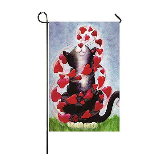 COCOBE Holiday Decor Outdoor House Flag Black Cat Play Red Hearts