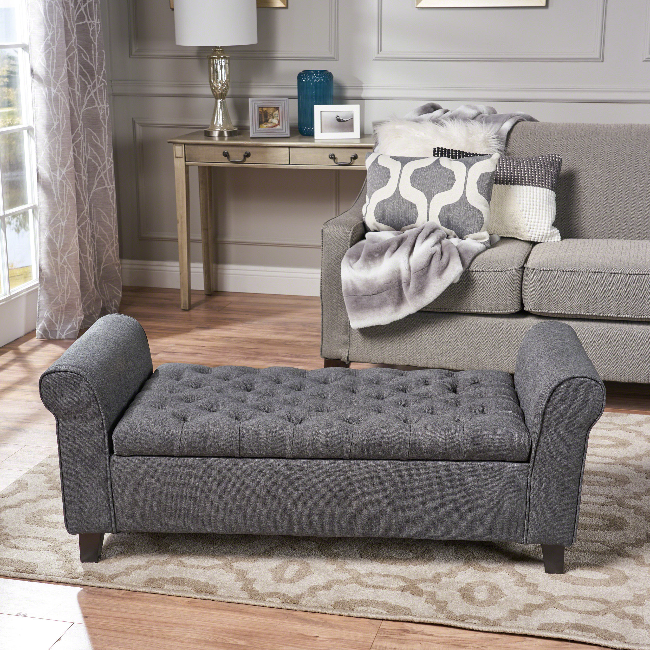 Euroco 50" Fabric Armed Storage Bench, Modern Upholstered Padded Storage Bench for Entryway Bed Foot Entryway, Gray