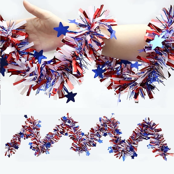 2Pack Total 13.1 FT 4th of July Patriotic Tinsel Red White Blue Tinsel Garland Decor Metallic Twist Garland for Independence Day Memorial Day Holiday Party Outdoor Indoor Window Home Tree Decoration
