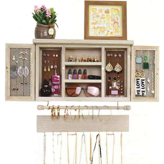 X-cosrack Wooden Wall Mounted Jewelry Cabinet Hanging Rustic Mesh Jewelry Holder with Barn Door for Necklaces Earrings Ring, and Removable Bracelet Rod with Hooks Organizer
