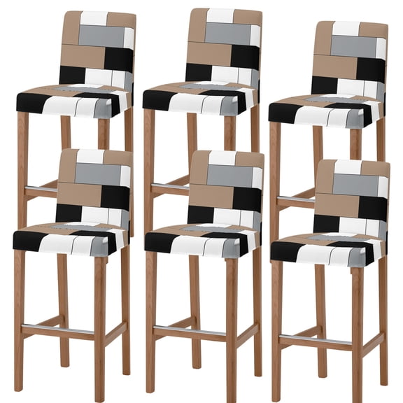 Brown Grey Geometric Bar Stool Cover Set of 6, Modern Black White Abstract Art Stretch Bar Chair Cover, Removable Washable Pub Counter Stool Chair Slipcover for Kitchen Dining Room Pub Cafe