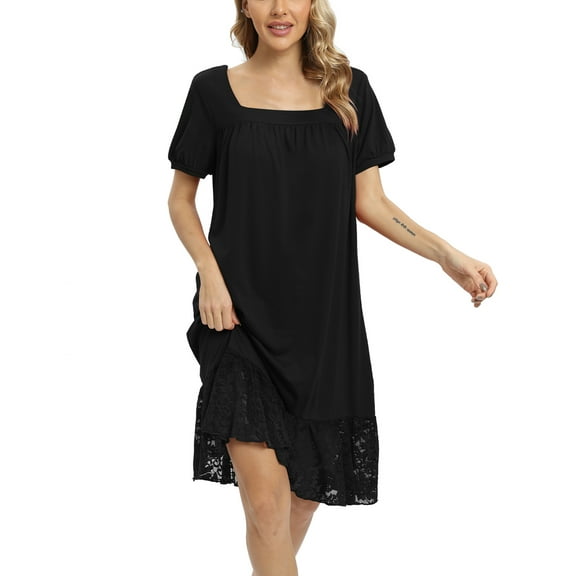 Nightgowns for Women Sexy Square Neck Sleepshirts Short Sleeve Sleepwear Lace Trim Night Gowns Soft Short Lace Panel Nightdress Pajama Shirts,Black S-2XL