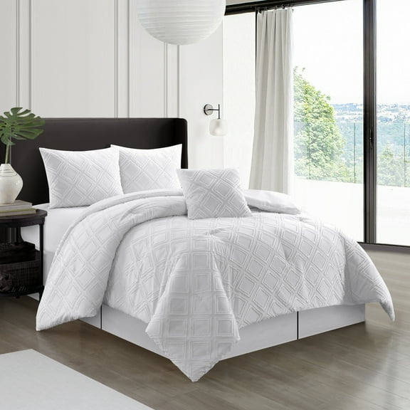 Lanco Beauty Argyle 5 Piece Comforter Set, White, King, Fill Polyester, Solid