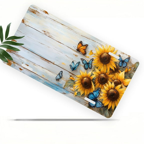 Sunflowers and Butterflies on Wood Front License Plate, Metal License Plate, Funny Standard Plates Personalized Novelty Decorative For Men/Women/Boys/Girls Car 6×12 Inch
