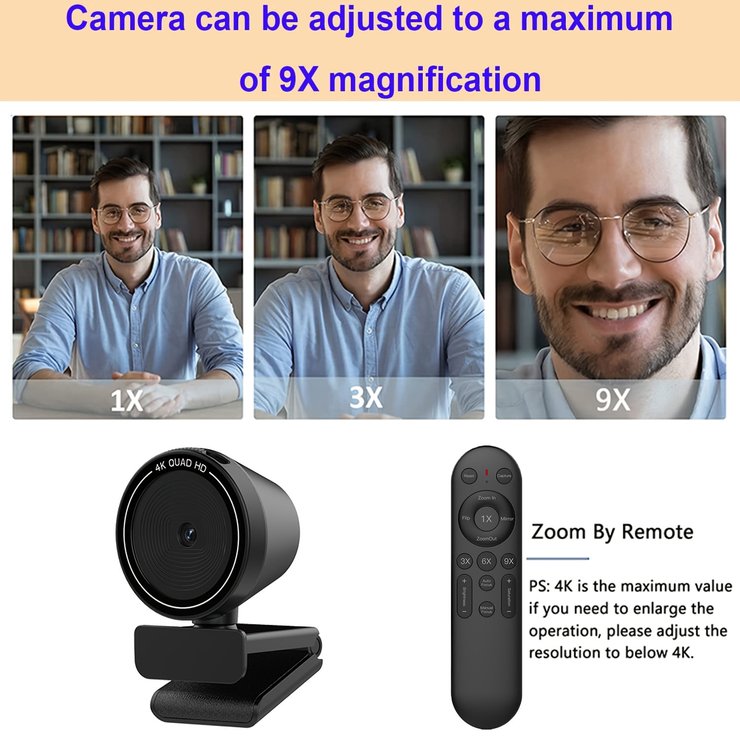 4K Ultra HD Webcam Of Pc, Auto/Manual Zoom, 9xZoom, Plug And Play, Built-in Privacy Cover, White Balance, Webcam with Microphone, 4K Webcam for PC/Laptop/Desktop, Video Calling, Conference